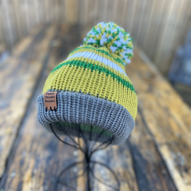 Tweenie beanie. Grey, white, green and lime 