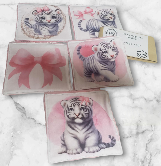 Lot de 5 lingettes lavables fait main tigre blanc
