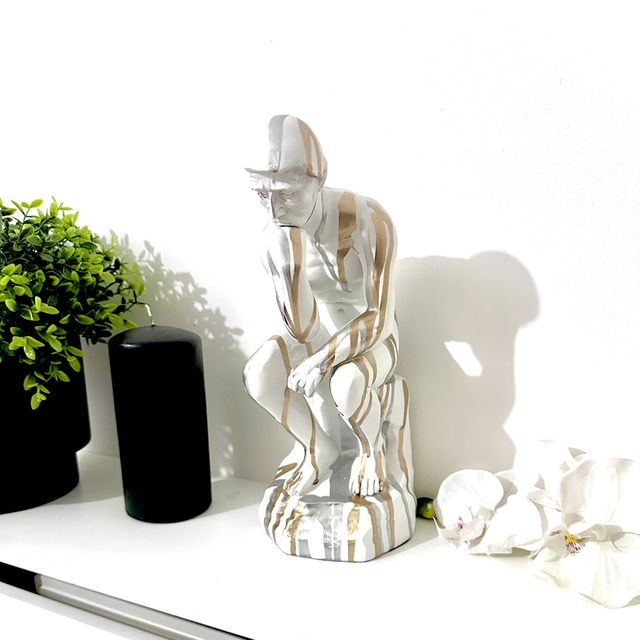 Contemplative Thinker Statue - Abstract Gold  Silver Sculpture with Unique Drip Art Decor