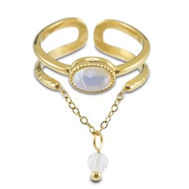 Bagues en acier Inox avec pierre naturelle Doré - blanc laiteux