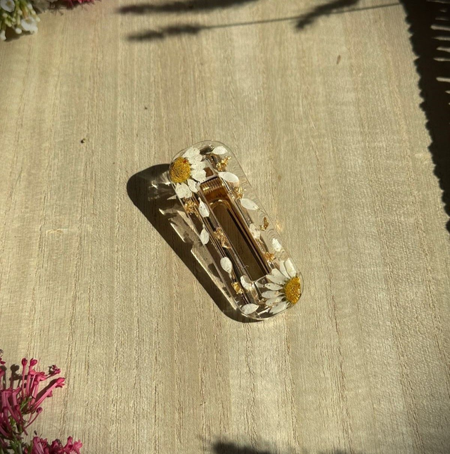 Barrette à cheveux - Fleurs de camomille et or (rectangulaire)