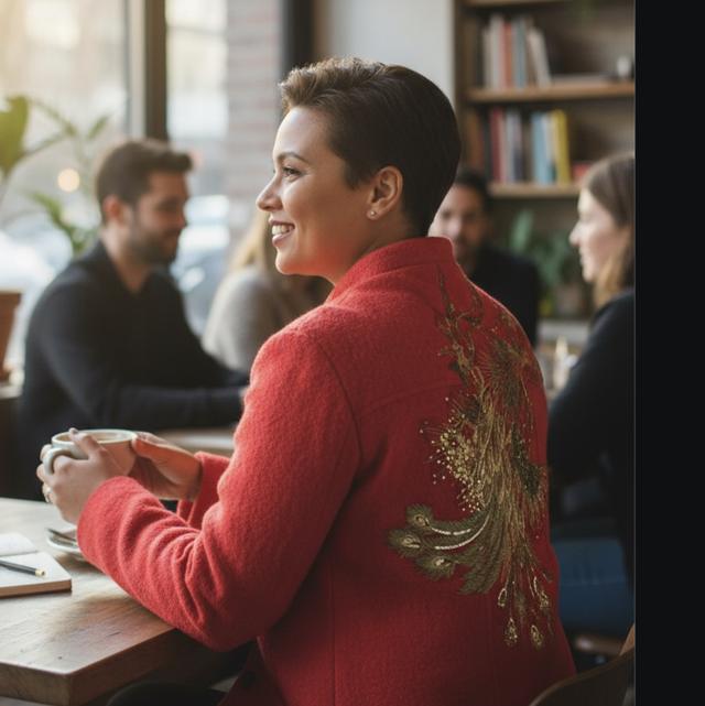 Blouson en laine customisé paon T.44