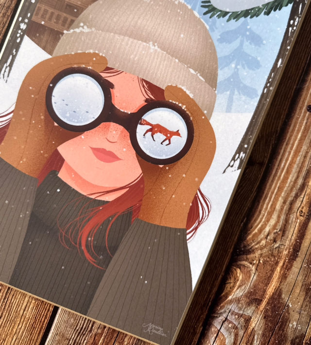 Tableau Exploratrice et renard hiver