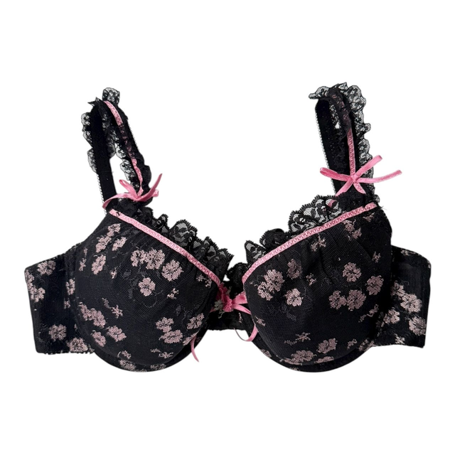 Black + pink floral mesh overlay Japanese Bra UK 34B  