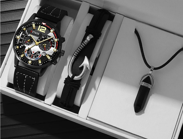 Montre à quartz noire avec bracelet en cuir pour homme 
