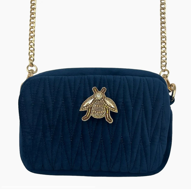 Dark Blue Velvet Bag with Detachable Chain Strap and Brooch Detail