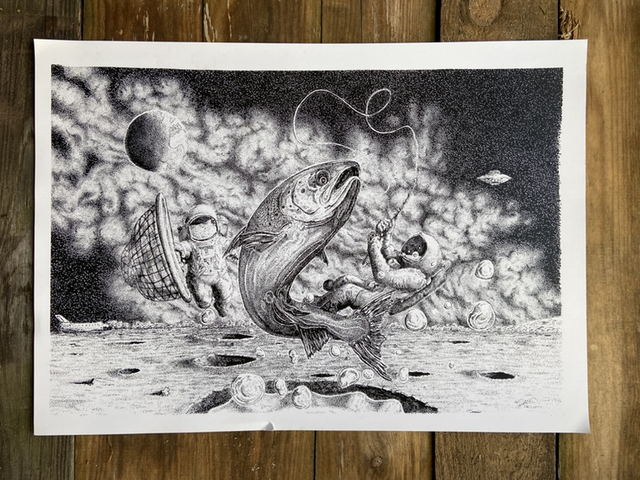 Original fishing on the moon stippling art 