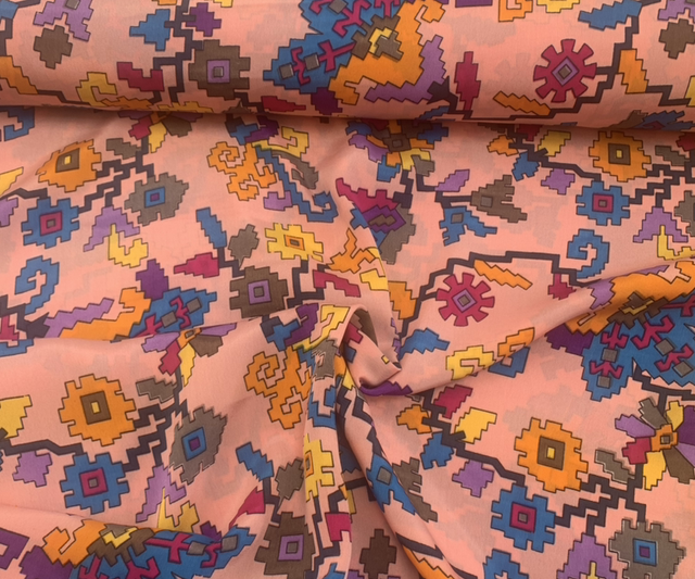 Peach Pixalated Floral Faux Silk