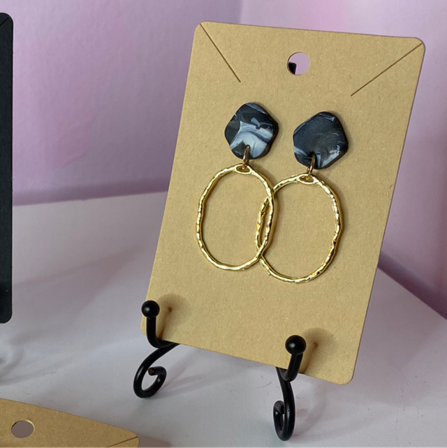 Black Marble Earrings With Gold Oval Accessories 