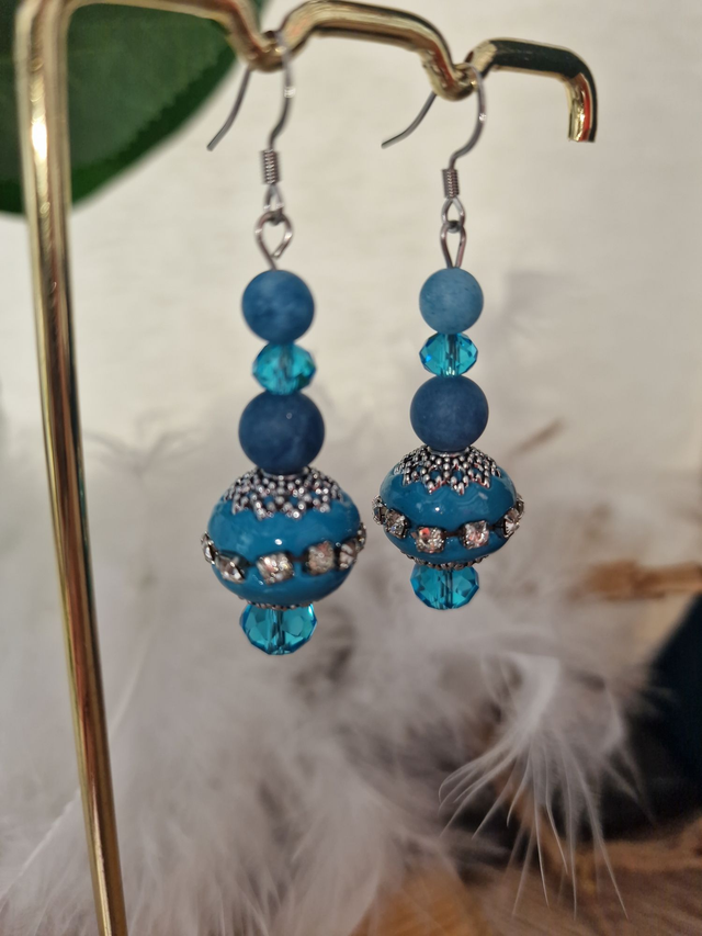 Boucles D'oreilles Acier Apatite Givré Bleu