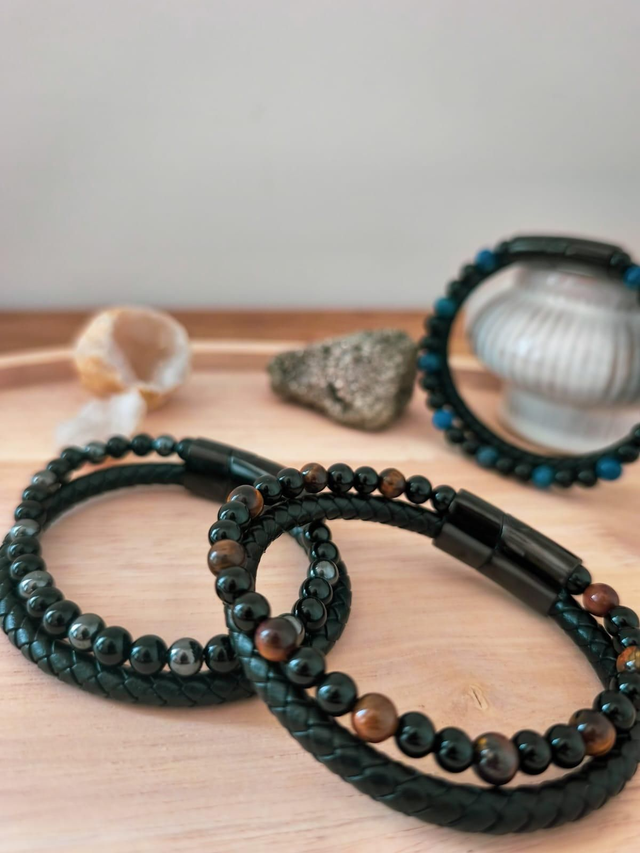 Bracelet cuir, oeil de tigre et agate noire