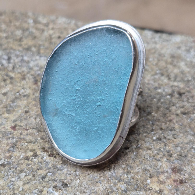 Size O Sea Glass and Sterling Silver Ring 