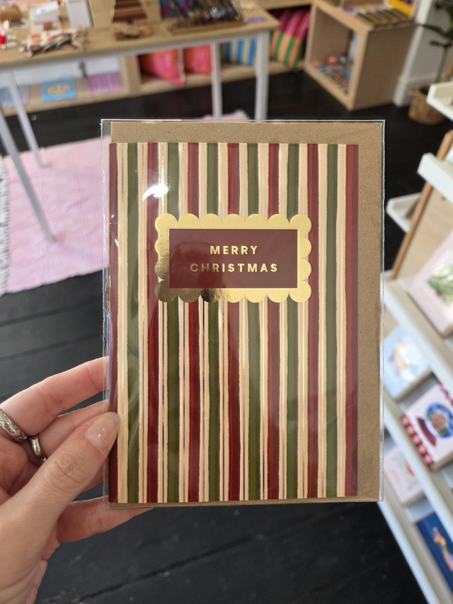 Merry Christmas Red And Green Stripes Gold Foil Christmas Greetings Card - EV-048