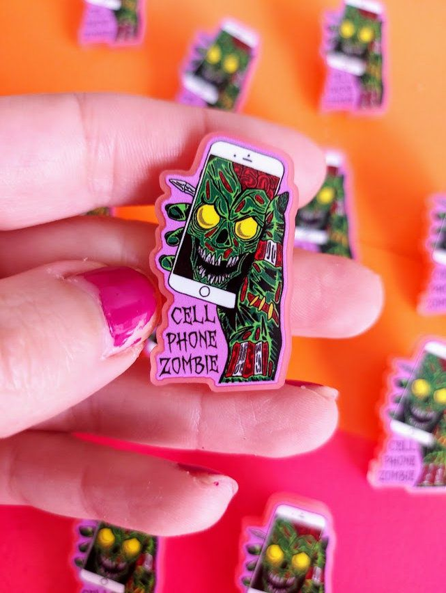 Cell Phone Zombie Pin Badge
