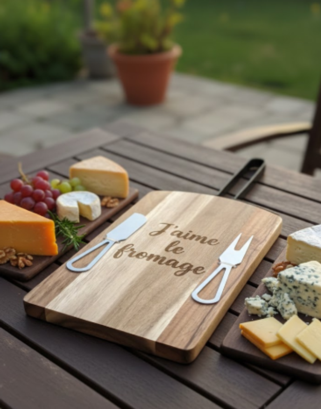 Planche à Fromage en Bois avec Couteaux Intégrés | Gravure Laser Personnalisée | Set de Service avec Manche en Métal