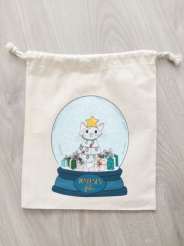 Pochon tissu illustré "Joyeuses Fêtes"| Emballage cadeau réutilisable & éco-responsable