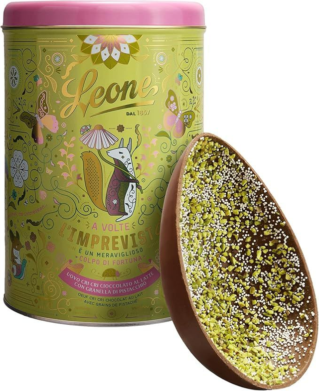 Leone dal 1857 - Uovo di Pasqua Cri Cri  Cioccolato al Latte con Granella di Zucchero e Pistacchio - 350gr