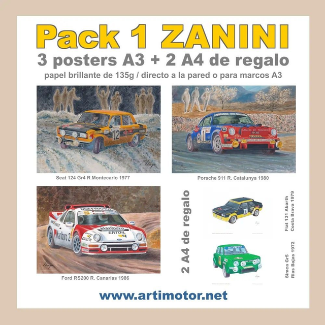 Artimotor Pack 1 Zanini - 3 póster A3 42x30 (+2 A4 regalo) Seat 124 Monte, Porsche y Ford RS200