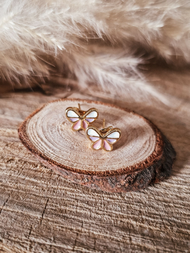 Boucles d'oreilles puces "Papillons" - Modèle blanc, rose et lilas