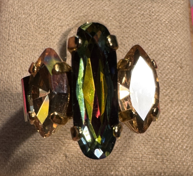 Bague anneau large réglable - 6 mm - Acier inoxydable 316L Doré et Cristal Green