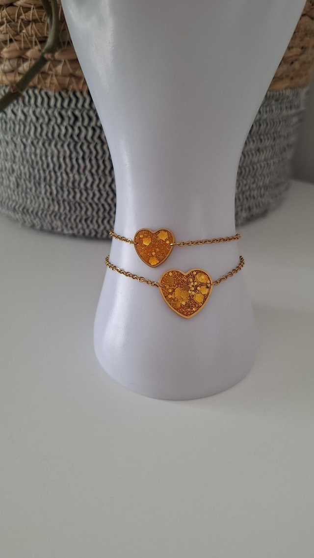 Bracelets duo Mère fille cœurs orange et paillettes dorées 