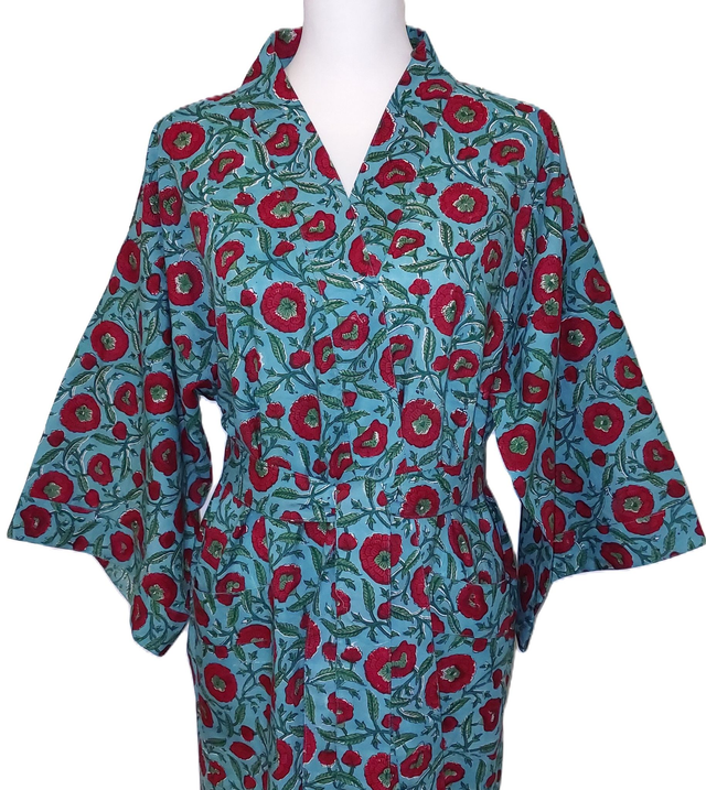 Robe kimono en coton - Peignoir, robe de chambre - Imprimé à la main, motif floral - Rouge, vert, turquoise - L100cm et L120cm  