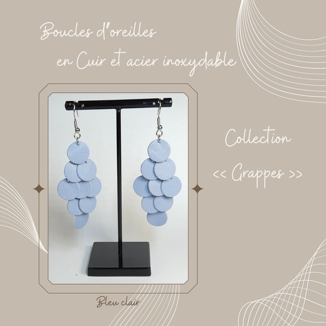 Boucles d&#039;oreilles Grappe en cuir - Bleu clair