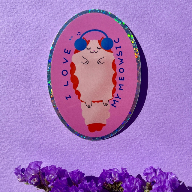 Glitter Vinyylitarra “I love my meowsic”