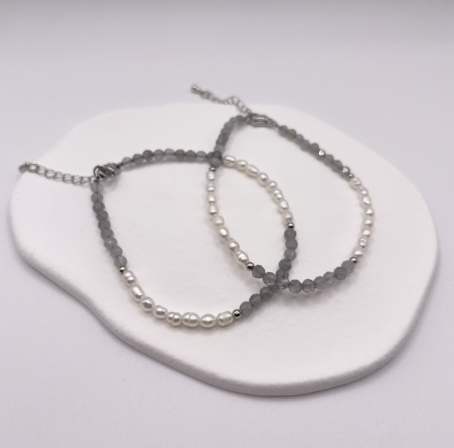 GEMSTONE BAND SILVER - Labradorit & Süßwasserperle