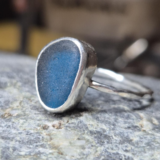 Size Y Deep Turquoise Sea Glass and Sterling Silver Ring Fully Hallmarked 