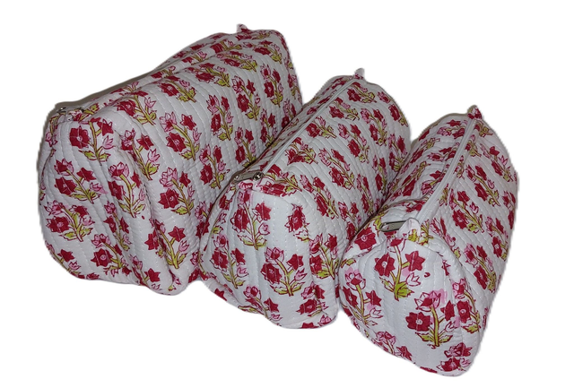 Trousse de toilette matelassée – Trousse de maquillage - Coton doublé fait main,  - Rose, rouge, vert, blanc  