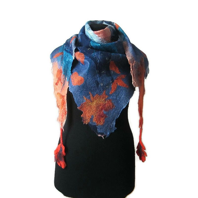 Shawl wool merino silk wrap warm Handmade felted shawl bactus felting blue women Unique gift for women