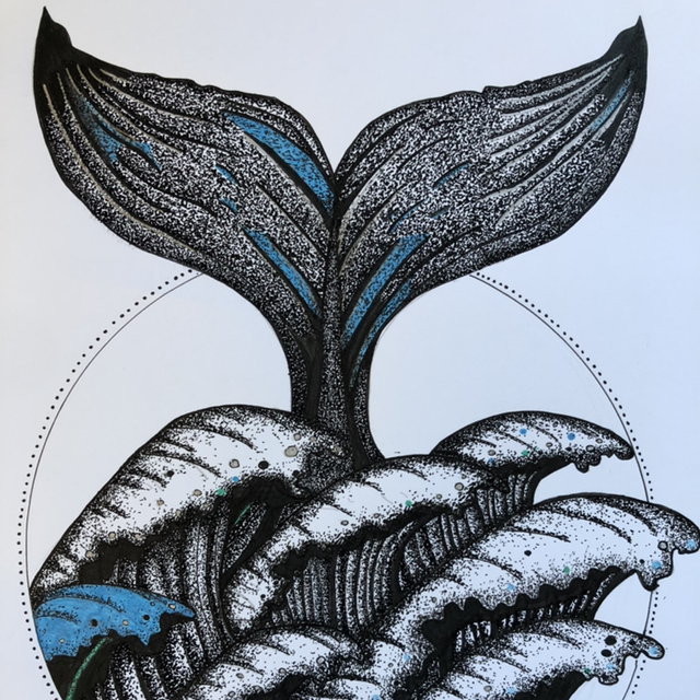 baleine queue &amp; flots - 31 x 31 cm - encadrement noir 