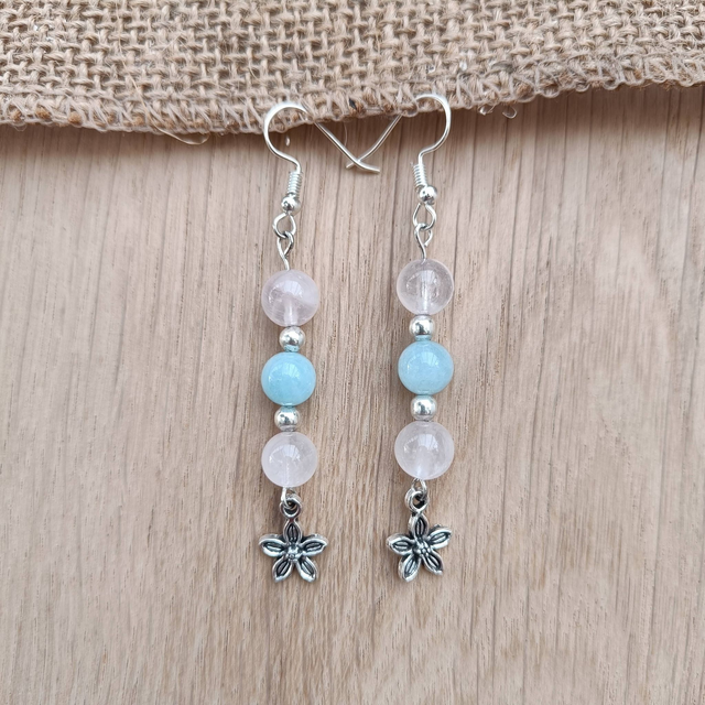 Boucles d&#039;oreilles Quartz rose et Aigue marine