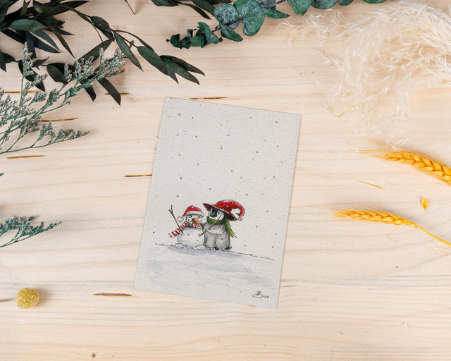 Graspapierkarte - kleiner Pinguin & sein Schneemann