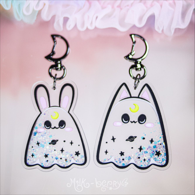 Porte-clé Shaker à paillettes Fantôme Chat &amp; Lapin