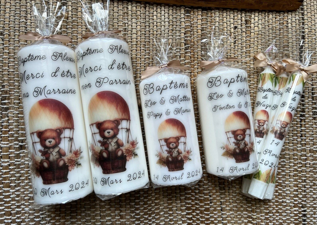 Bougie baptême personnalisée ourson montgolfière