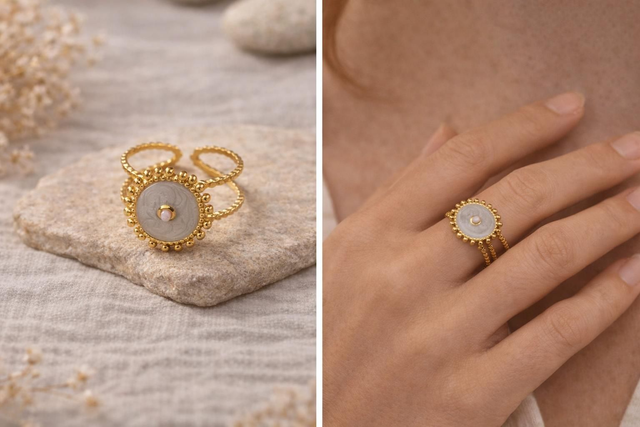 Bague réglable en acier inoxydable 316L – Cabochon fantaisie blanc na