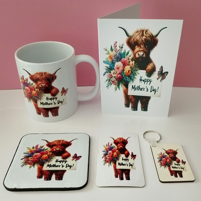 Highland Cow Mother's Day 5 Piece Card &amp; Mug Gift Set - 25 Designs