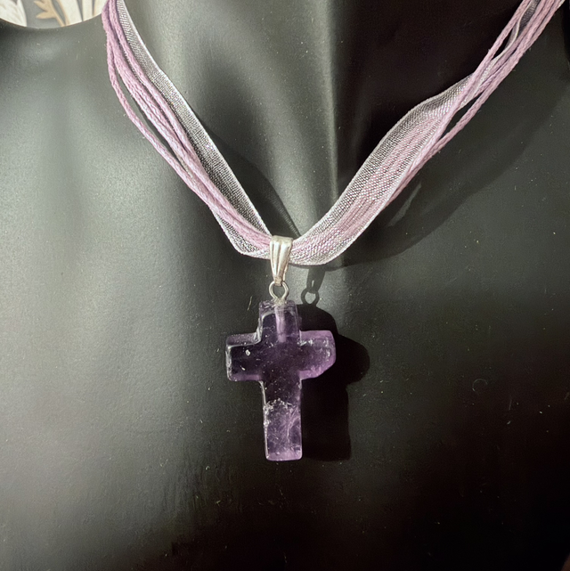 Amethyst Cross on light purple 16”-18” cord