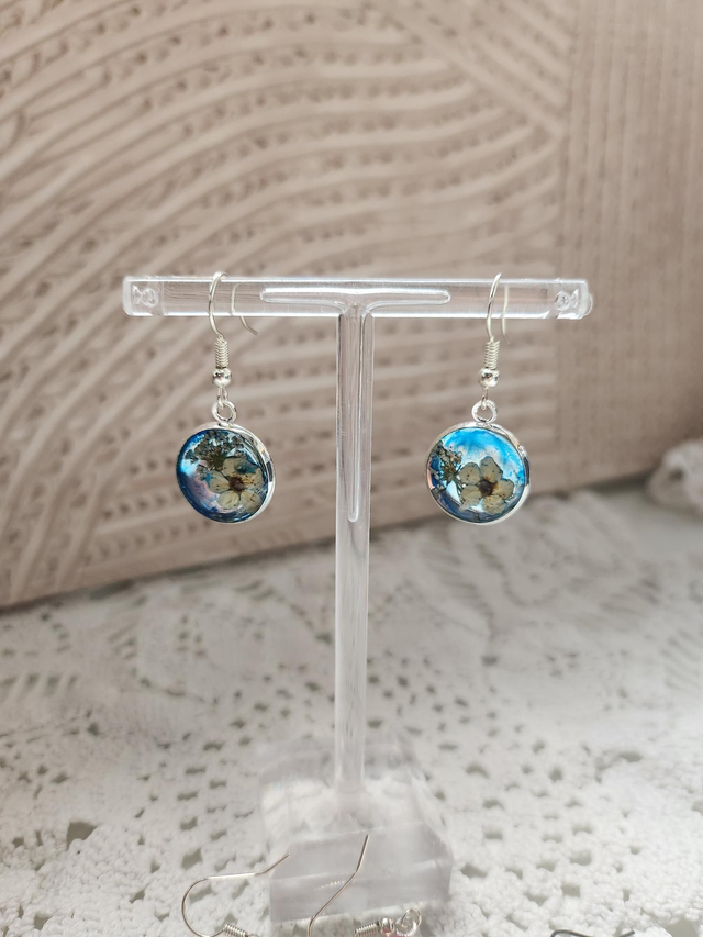 Boucles d'oreilles fleurs fond  bleu et argent