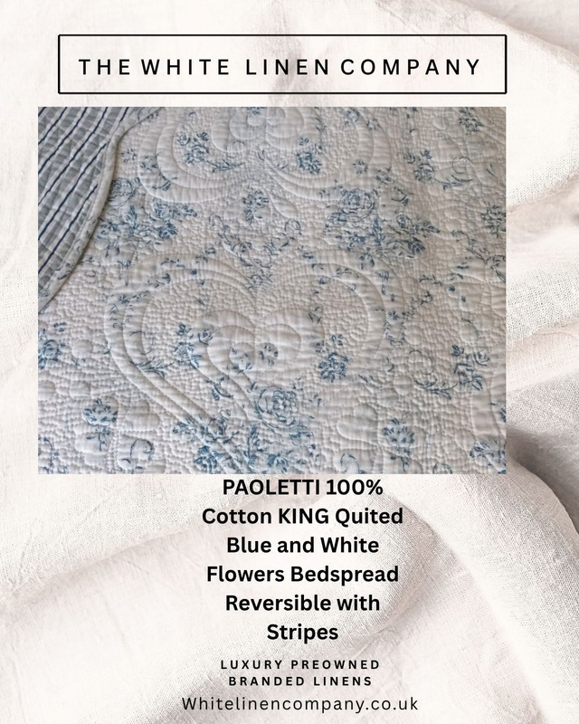PAOLETTI - Italian Cotton King Quilt Blue White Flower Bedspread Reverse Stripes