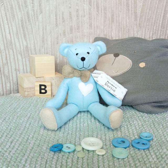 Bertie. Medium size. 100% wool felt, hand-sewn teddy bear. UKCA toy. In a tray base! Baby blue. Beige. White.