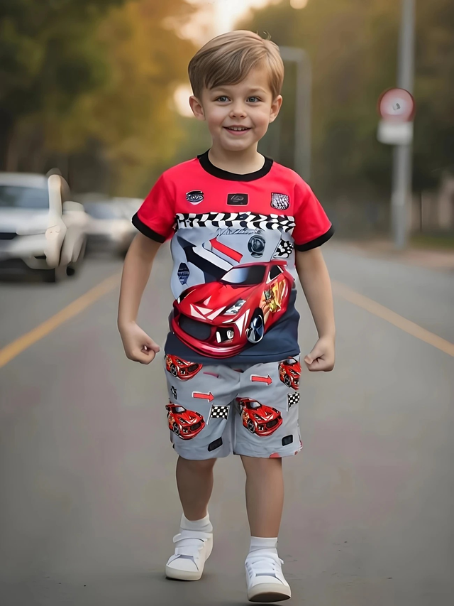 Boys, A Set of 2 Short-Sleeve T-Shirts with Cartoon Car Prints And Casual Shorts