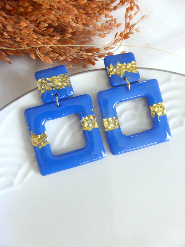 Boucles d&#039;oreilles carrées bleues - Nuit dorée