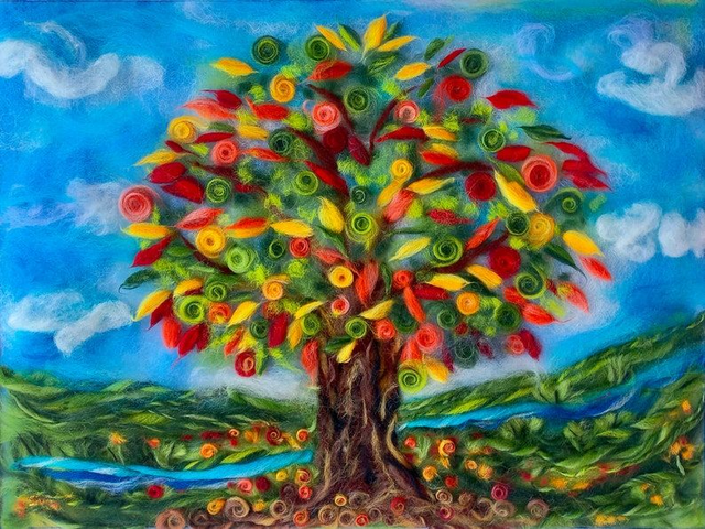 Arbre de Vie en Laine Cardée 🌳 | Art Textile Unique &amp; Porte-Bonheur – Toile Colorée 🎨✨