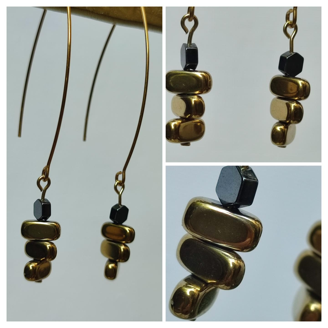 Boucles d&#039;oreilles longues hématite doré et noir en acier inoxydable doré -sans nickel, pièce unique 