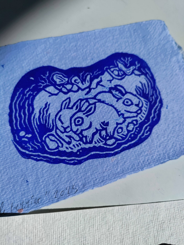 linogravure " le terrier des lapins "  10X15 cm