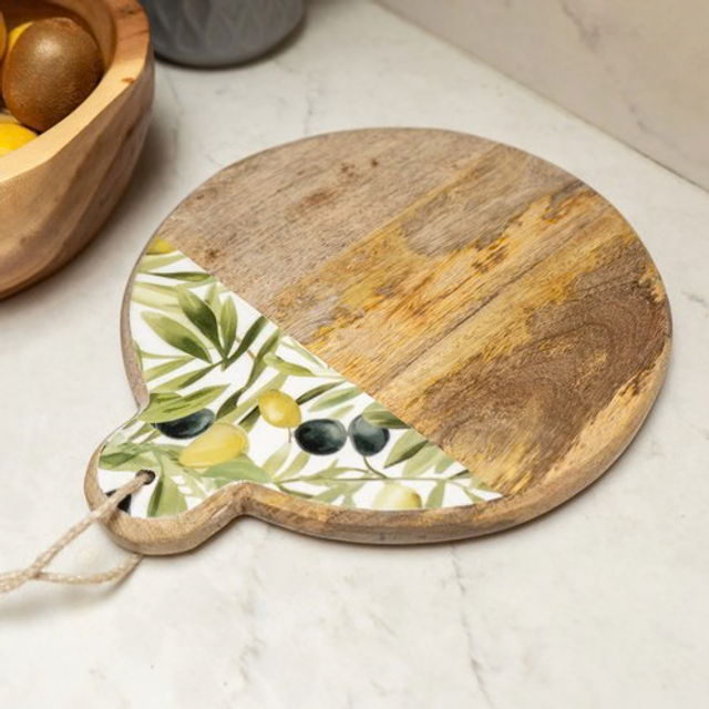 Mango Wood Olive Print Round Chopping Board