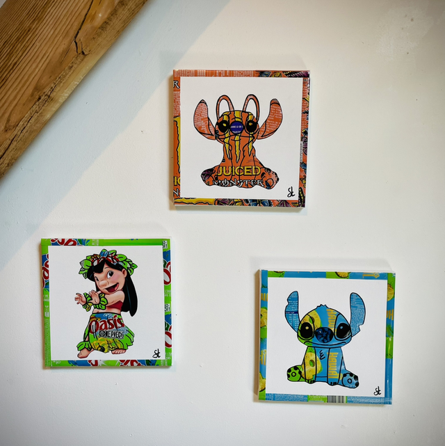Lot de 3 tableaux Lilo, Stitch et Angel 20x20 cm